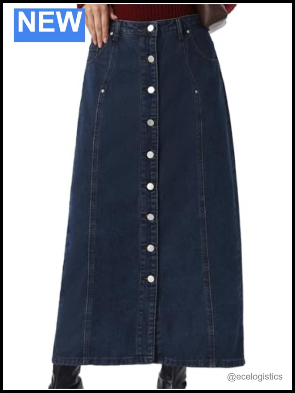 Women's High Waisted Button Fly Denim Maxi Skirt with Pockets